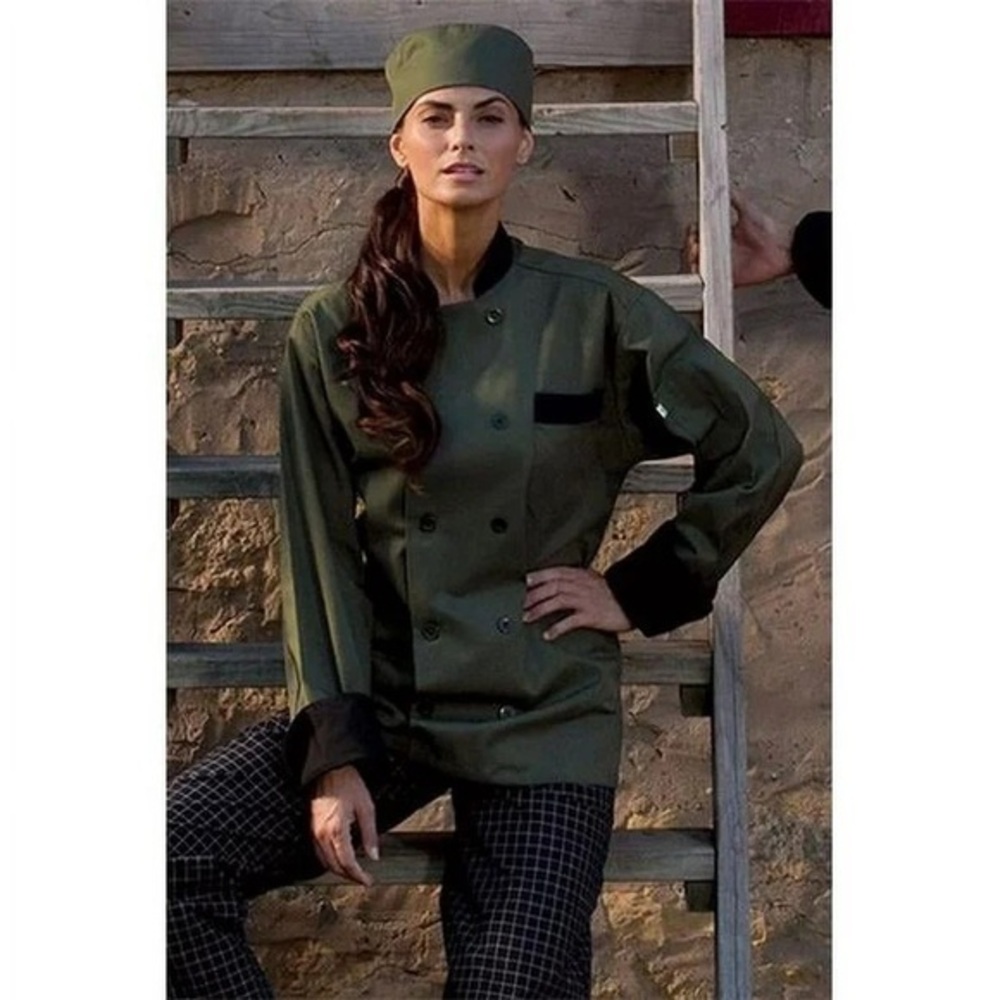 NWT Uncommon Threads Newport Chef Coat 10 Buttons in Olive/Black Trim Sz Large